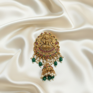 antique lakshmi hair pendant (jada pin) with green beads – traditional temple jewelry