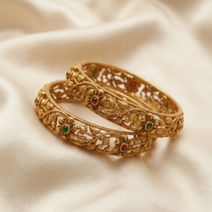 royal floral gold finish bangles with red & green stone work