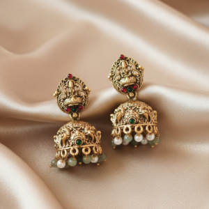 antique gold lakshmi temple jhumki earrings | premium kemp stone traditional jhumkas