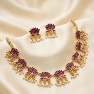 royal pink lotus temple necklace set with pearl drops