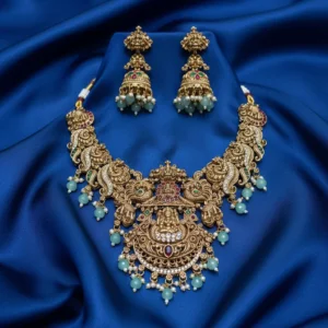royal emerald green triple strand temple necklace with nakshi peacock pendant | ka treasure hub