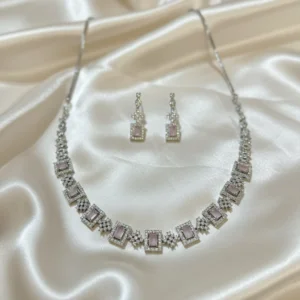 elegant rose pink rectangle zirconia party wear necklace set | ka treasure hub
