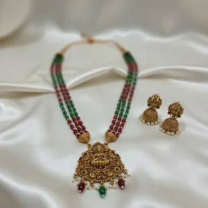 antique gold plated lakshmi pendant necklace with multi strand red & green beads | ka treasure hub