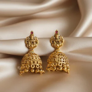 traditional goddess temple jhumka earrings with red stone – gold toned imitation jewellery | ka treasure hub