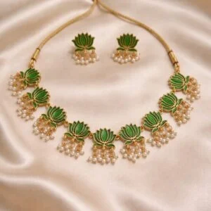 elegant green lotus enamel choker set with pearl drops – premium traditional jewellery