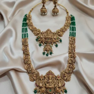 ka treasure hub temple lakshmi bridal necklace set with green beads & jhumka earrings – antique gold plated traditional south indian jewelry